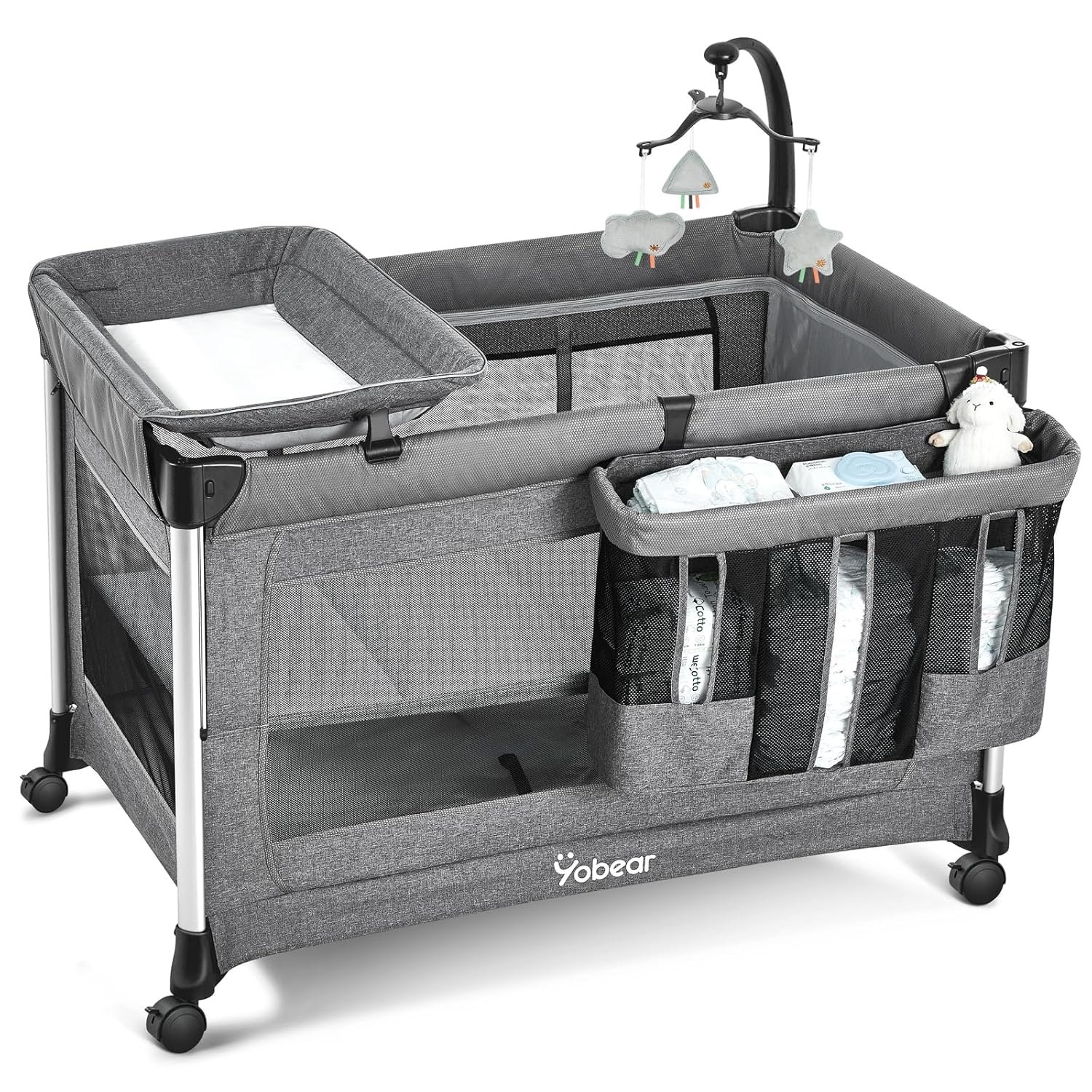 4-in-1 Baby Bassinet with Mattress – One-Push Setup Playard – Bedside Crib with Diaper Changer from Newborn to Toddler (Grey)
