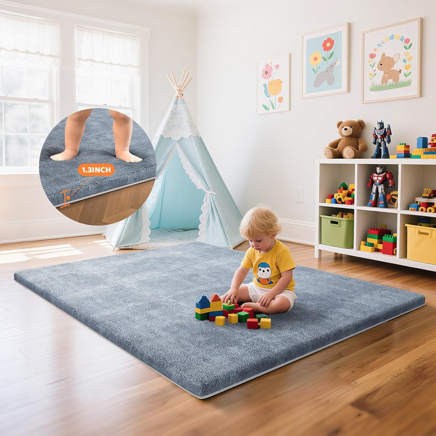 Omzer Baby Play Mat for Floor – 1.3″ Thick Foam 65×50 Inch Playpen Mats with Removable & Washable Cover for Tummy Time, Soft Coral Velvet & Non-Slip Crawling Pad for Babies, Toddlers, Infants – Grey
