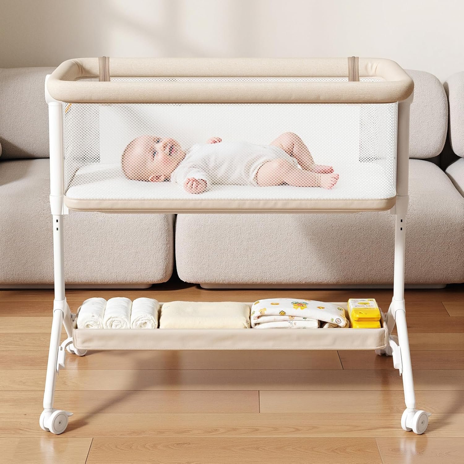 Bassinet Bedside Sleeper – All-Mesh Design, Portable Bedside Bassinet for Baby with Washable Mattress, 5 Adjustable Heights（Beige）
