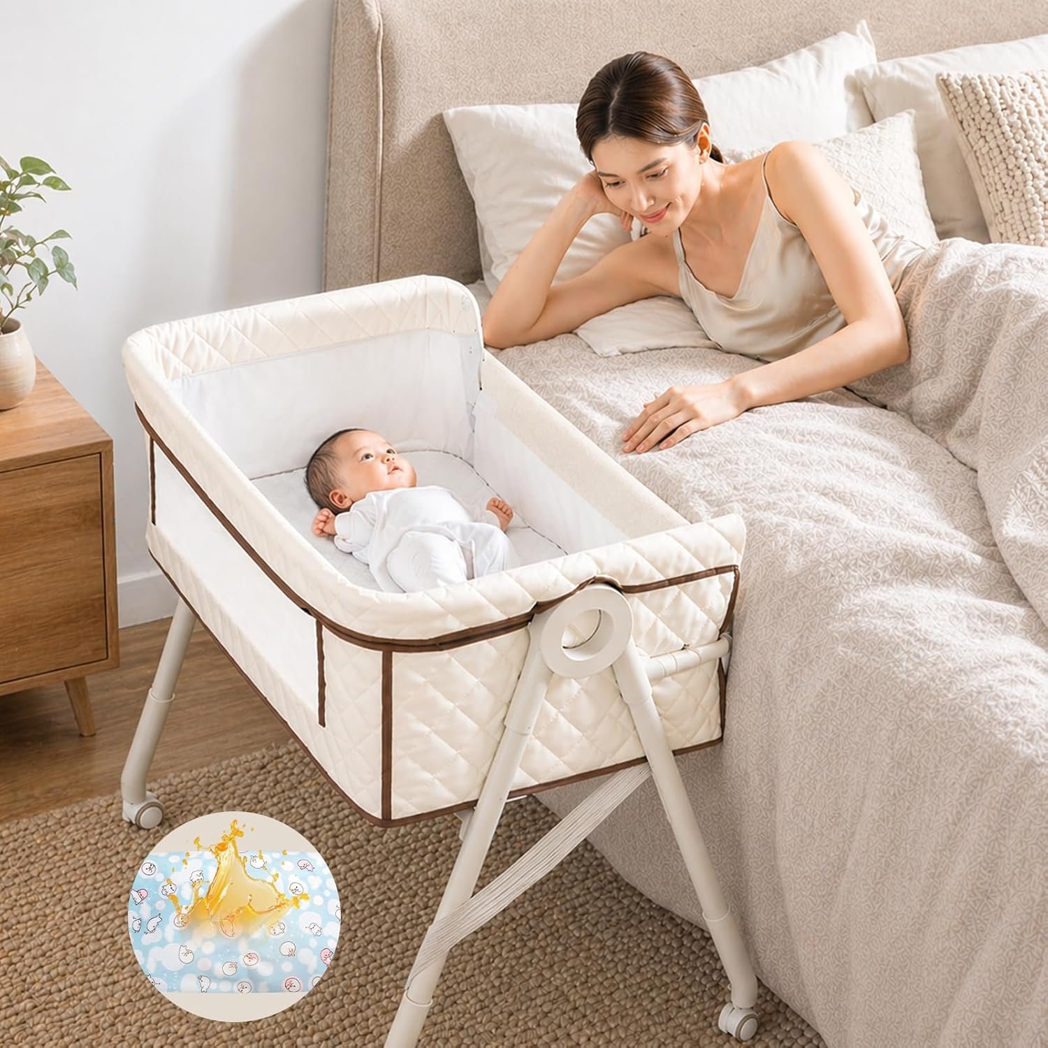 Baby Bassinet, Bassinet Bedside Sleeper for Baby, 3 in 1 Bedside Bassinet, Bassinets for Newborn with Wheels, Mattress, Waterproof Sheet, Mosquito Net, Breathable Mesh, Portable Baby Crib(Latte) | Adjustable Height, Breathable Mesh, Mattress Protector, Mosquito Net