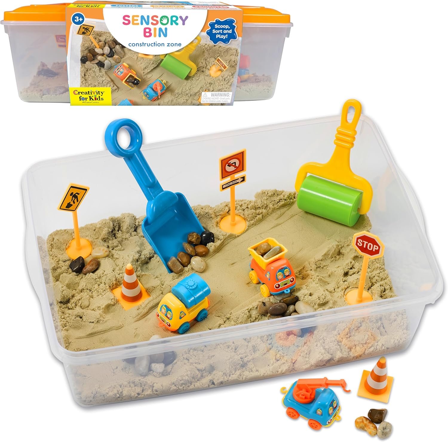 Creativity for Kids Sensory Bin: Construction Zone Playset – Preschool Learning Activities, Excavator Toys for Boys Ages 3-5+, Outdoor Toys and Gifts for Kids