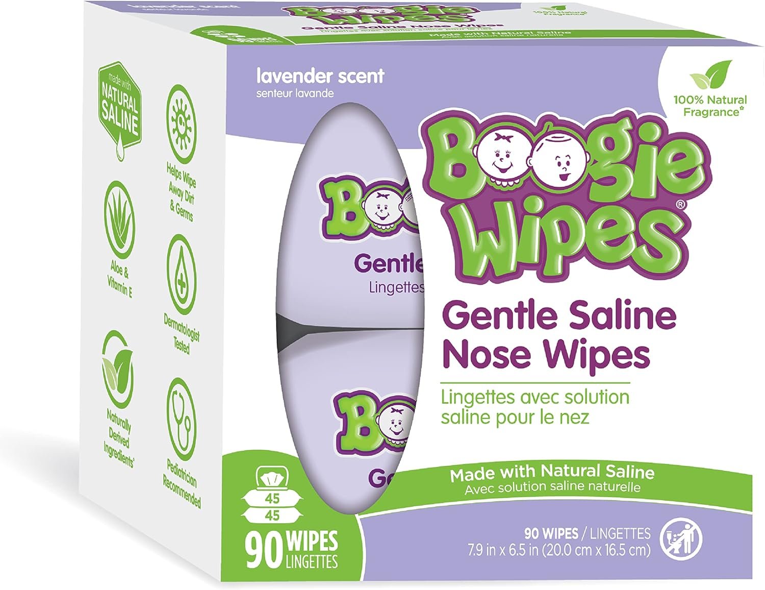 Saline Nose Wipes by Boogie, for Baby & Kids, Face, Hand & Body, FSA/HSA Eligible, Made with Vitamin E, Aloe, and Natural Saline, Lavender Scent, 90 Count (Pack of 1)