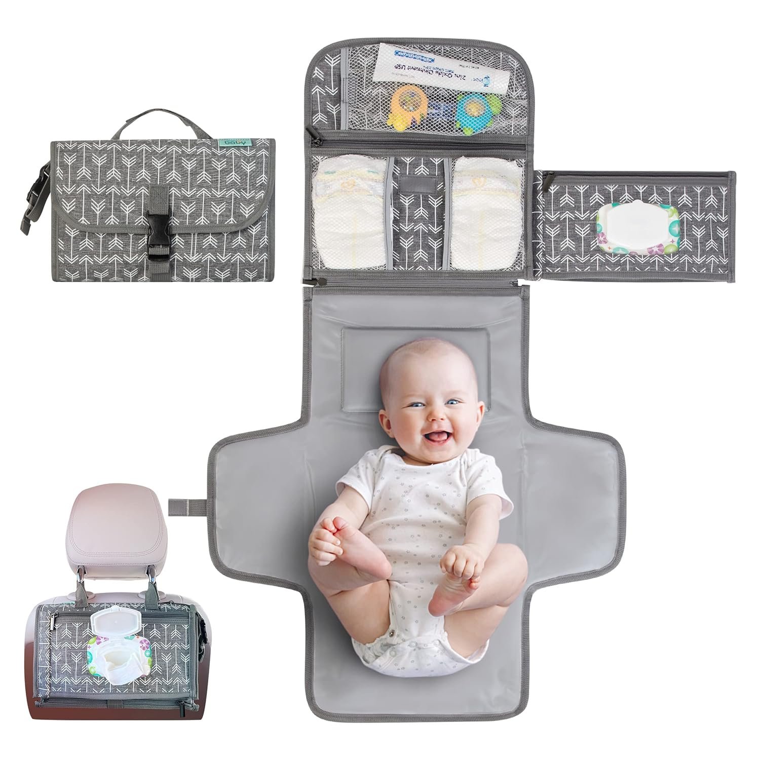 Kopi Baby Portable Diaper Changing Pad-Baby Diaper Changer Travel Bag with Wipes Pocket, Smart Design Portable Changing Mat, Infant Travel Station Kit,Gift for Newborn Girl & Boy-Grey Arrows, Premium