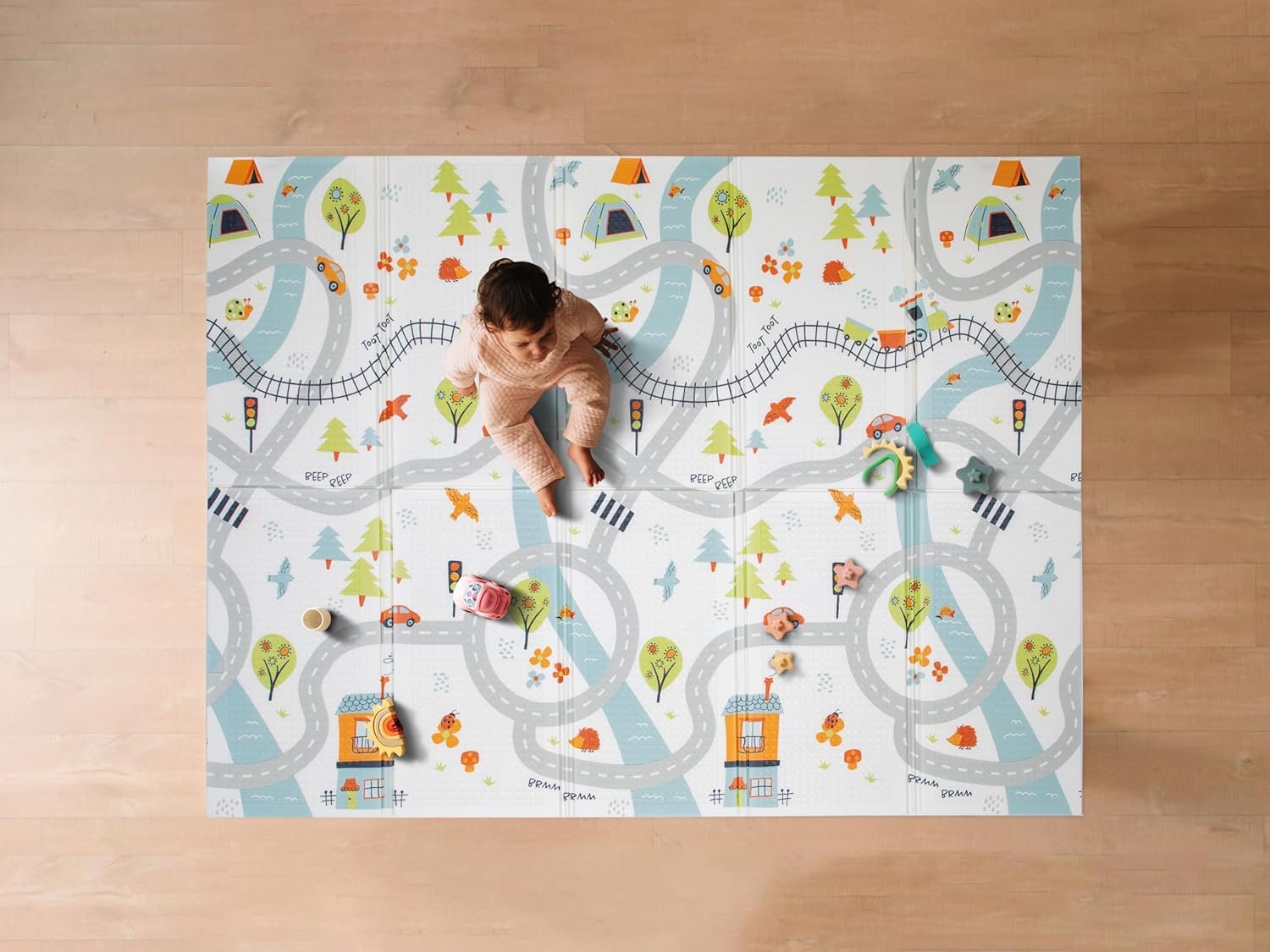 Nuby Reversible Baby Floor Mat – Foldable and Lightweight Foam Infant Play Mat – 77″ x 58″ – Easy Storage and Travel – Car Tracks/Alphabet