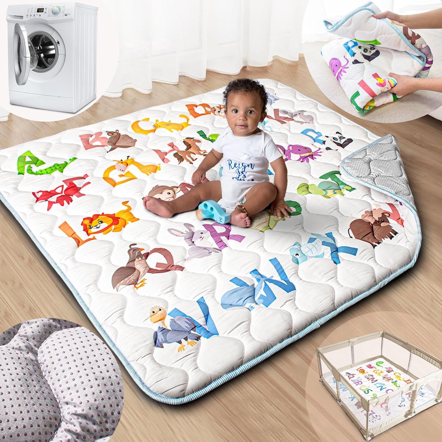 Baby Play Mat, 50×50 Playpen Mat with Super Soft Touch, Activity Mats with Upgraded Anti-Slip Bottom, Machine Washable Crawling Mats for Floor & Picnic (Animal Alphabets)