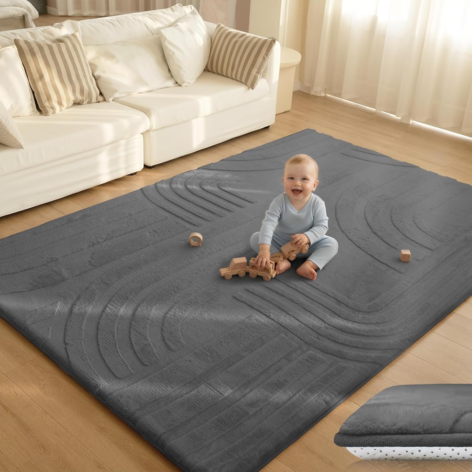 1.3″ Thick Fluffy Baby Play Mat for Floor,Elasti Foam Padded Area Rug for Living Room Bedroom,Ultra Soft 3D Carved Kids Rug,Non-Slip Nursery Crawling Mat for Toddlers,4’x6’ Playroom Carpet(Charcoal)