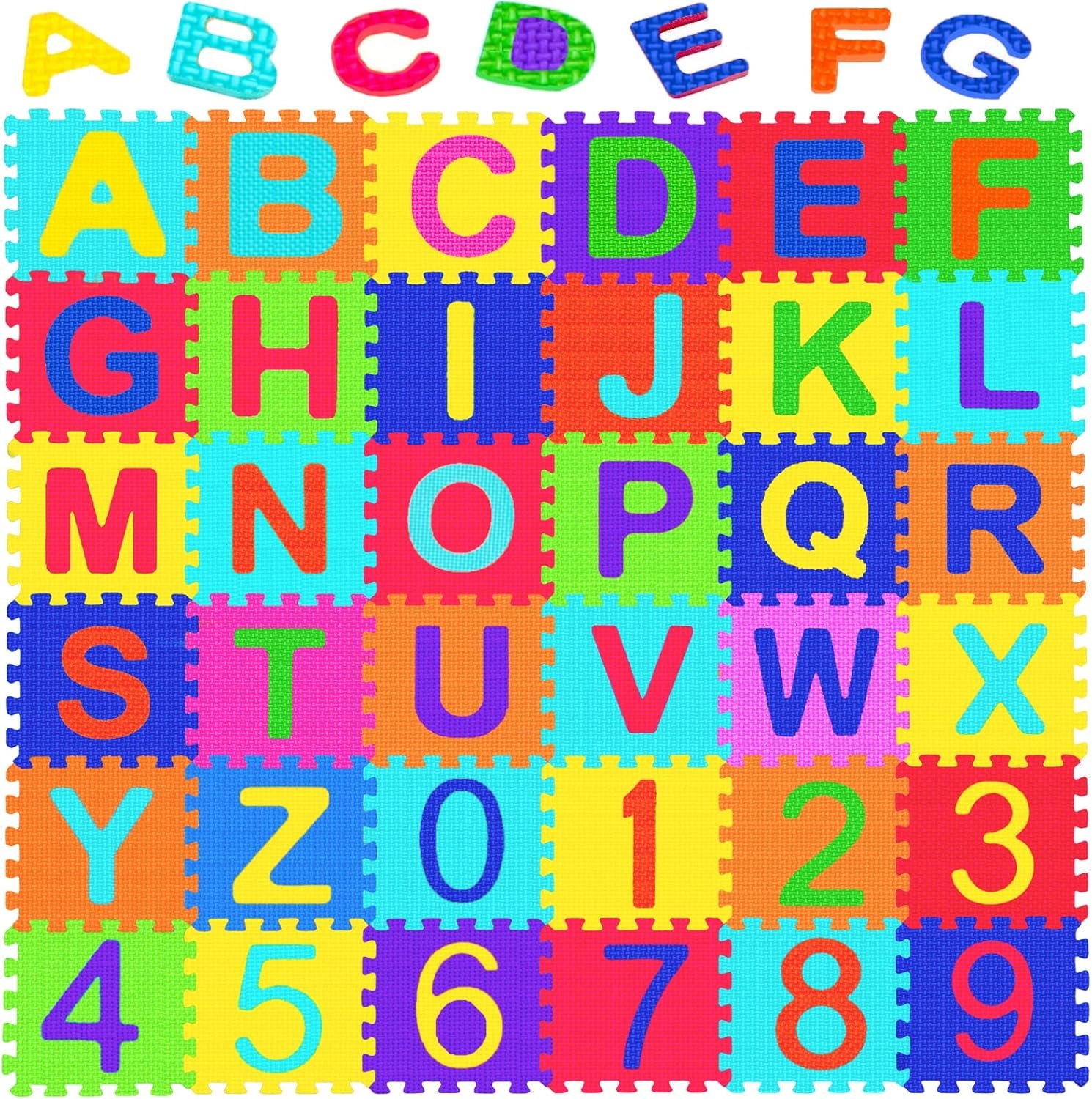 Febyyer 36 Pieces Children’s Foam Puzzle Mat with Letters of the Alphabet and Numbers, 5.9inch x 5.9inch EVA Foam Play Mat, Educational Play Rug (Random Color)