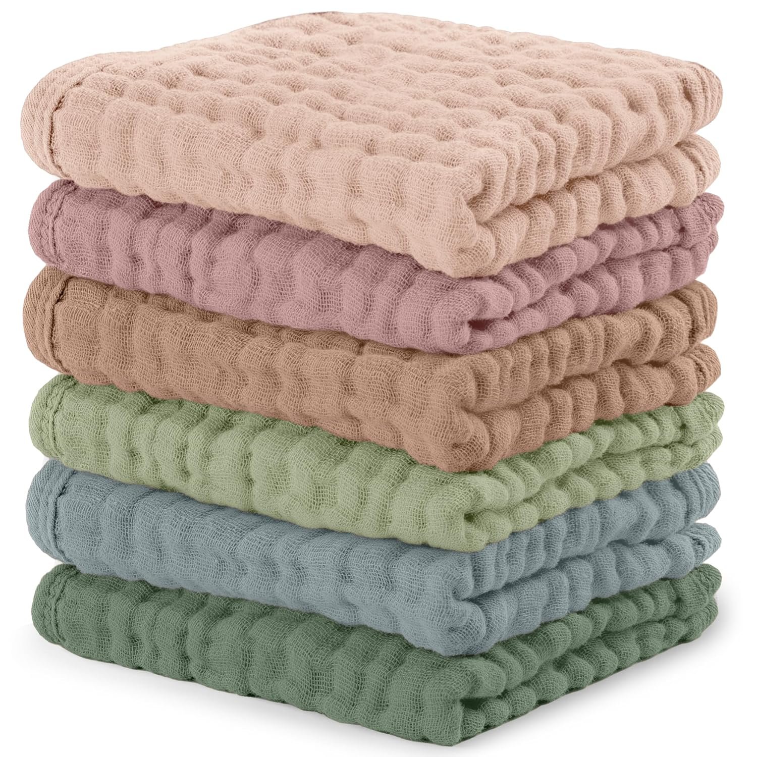 Comfy Cubs Muslin Baby Washcloths 6 Pack – Soft 6-Layer Cotton Wash Cloths for Sensitive Skin – 10″x10″ Large, Gentle, Absorbent Infant Essentials for Newborn and Toddlers – Multicolor