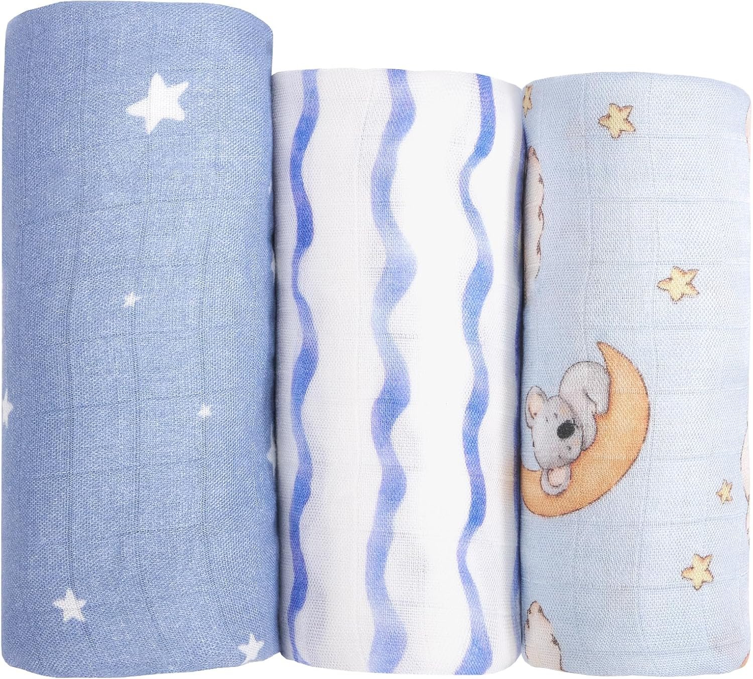 hahaland Muslin Swaddle Blankets Bamboo – 3-Pack, 1 Large (47″ x 47″) & 2 Standard (38″ x 40″) – Breathable Silky Soft Receiving Blankets Swaddles for Newborns Baby Boy Gifts Newborn Essentials, Blue
