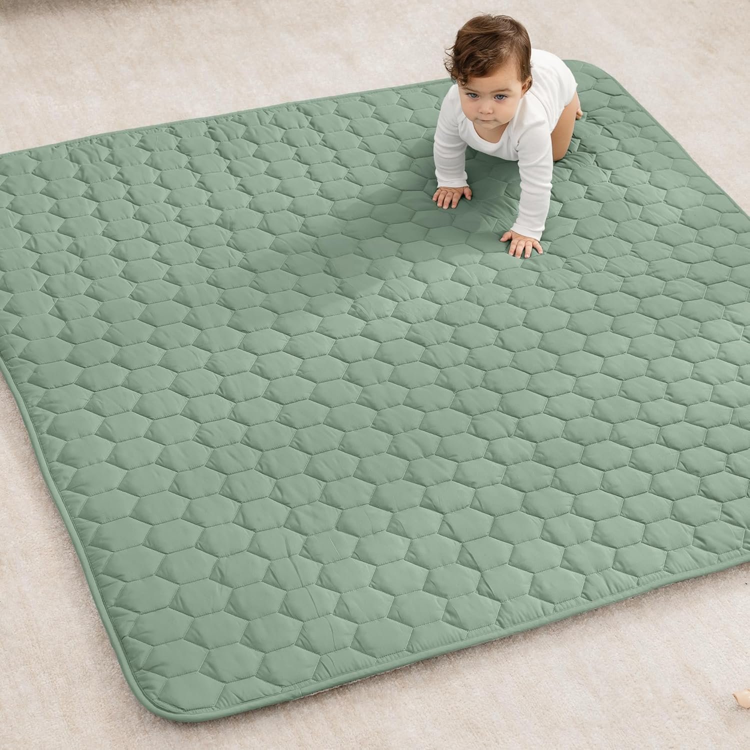Comfy Cubs Square Kids Play Mat – 56 x 56 inches Soft Quilted Baby Floor Mat with Non-Slip Bottom – Plush Design for Toddlers’ Playtime – Comfortable and Durable – Fern