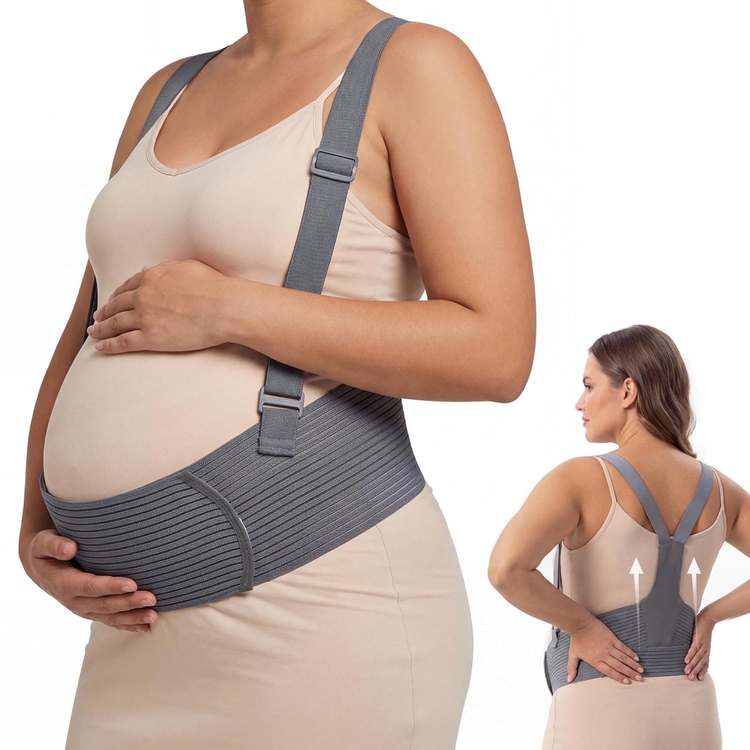 Pregnancy Belly Band, Pregnancy Support Belt With Shoulder Strap, Adjustable Maternity Belt, Highly elastic and breathable fabric，Easy to Wear – grey