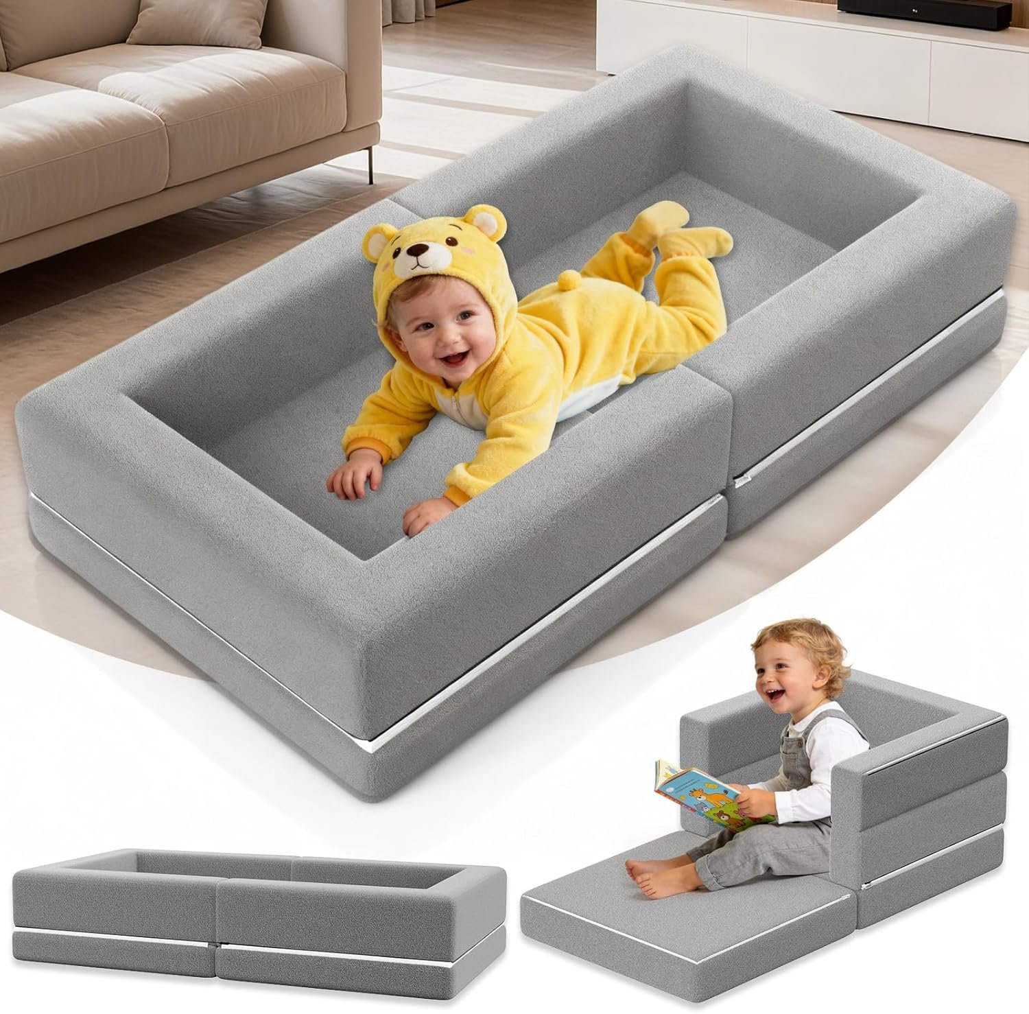 Portable Toddler Travel Bed: Foldable & Soft – 3-in-1 Convertible Portable Folding Floor Bed with Washable Cloth Cover – Ideal for Vacation,Camping and Sleepover（54 inches,Grey）