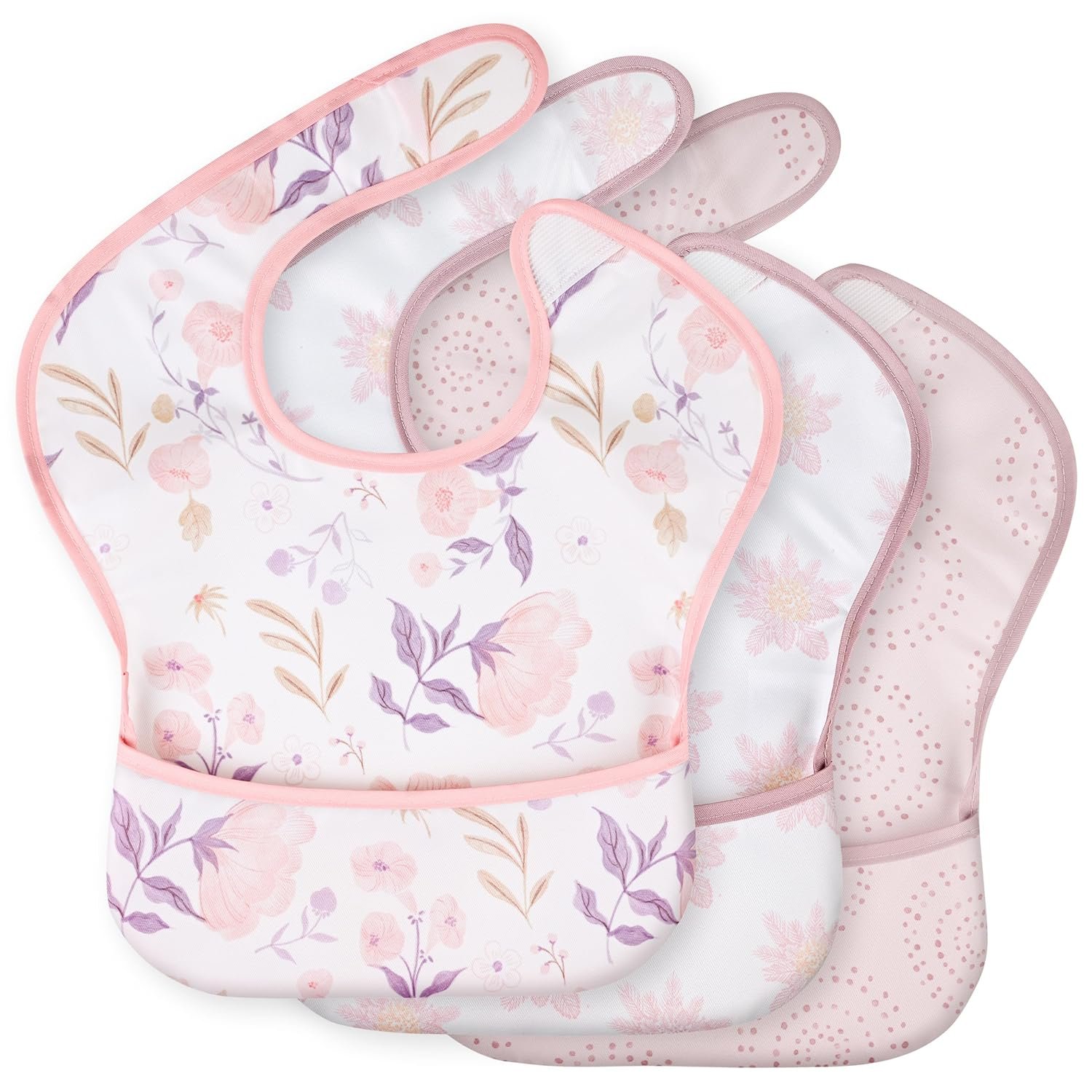 3-Pack Waterproof Baby Bibs for Eating – Mess Proof Lightweight Toddler Feeding Bibs with Large Food Catcher, Food-Grade Baby Eating Essentials, Easy to Put On & Clean(Light Pink Blossom)