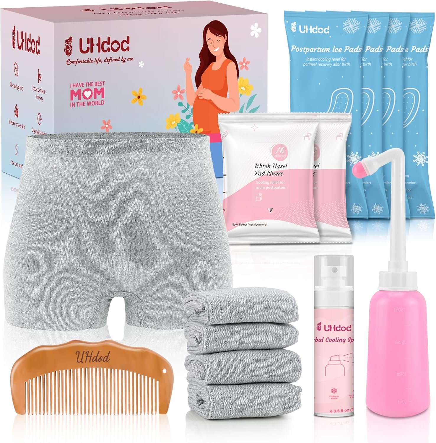 UHdod Postpartum Essentials Kit, Postpartum Care Recovery Kit for New Mom Labor Delivery, Includes Disposable Underwear, Instant Ice Pads, Cooling Spray, Soothing Liners, Peri Bottle, Birthing Comb