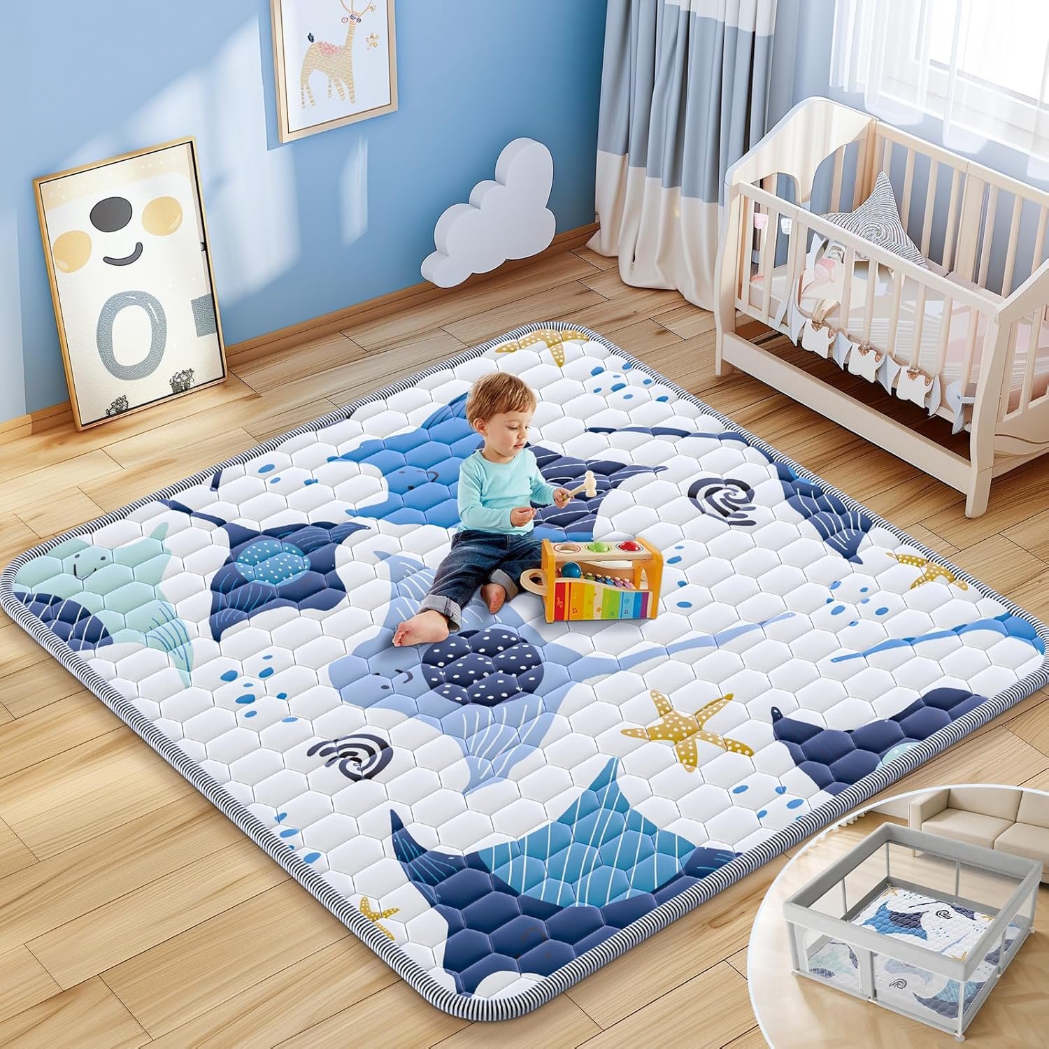 Omzer Baby Play Mat, 50×50 Inch Thick & Soft Cushioned Playmat for Playpen, Non-Slip Floor Mat for Crawling Infants & Toddlers with Safety Silicone Backing, Machine Washable – Blue