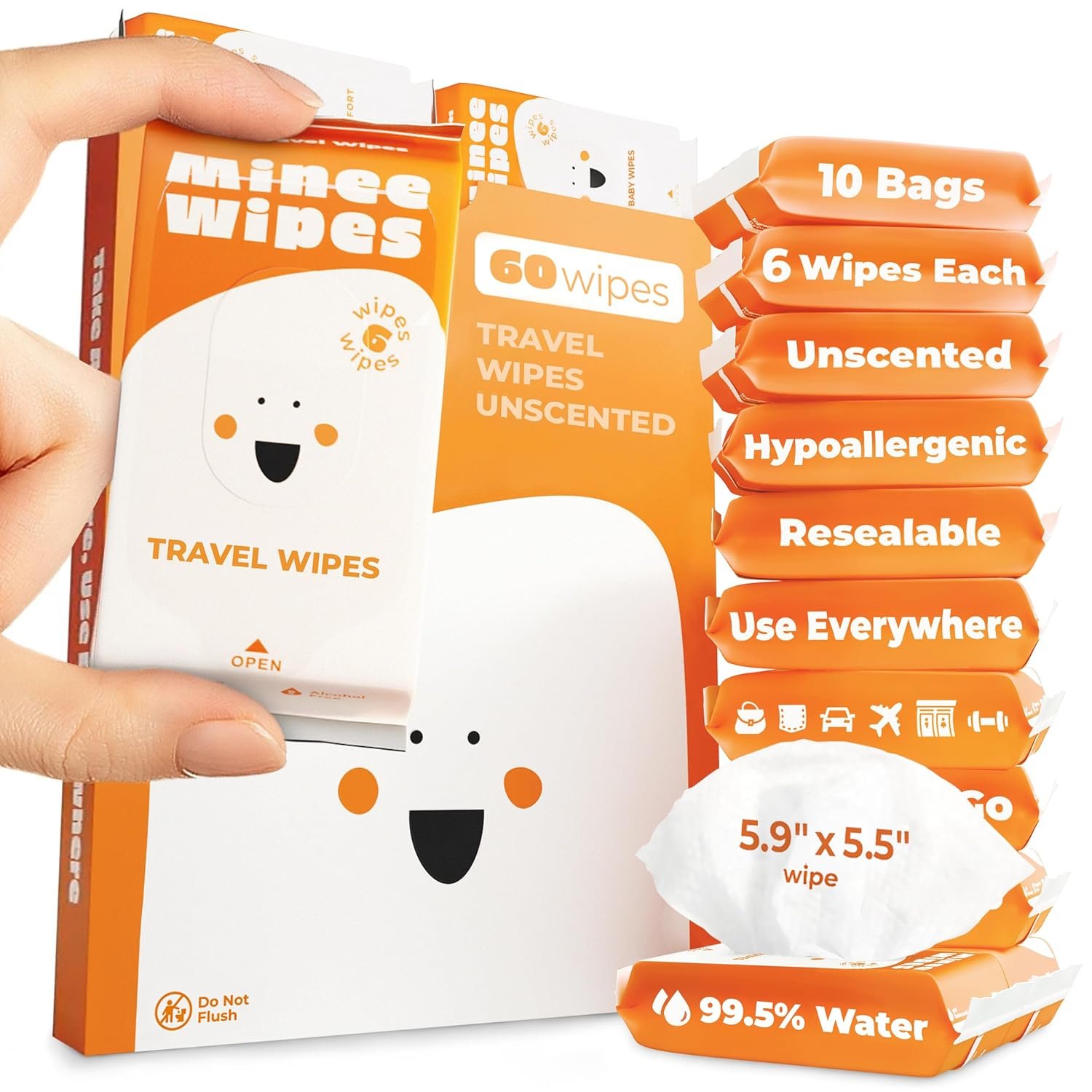 Impossibly Compact Travel Wipes – 99.5% Water – Safe for Sensitive Skin & Hypoallergenic, Resealable, Thick & Durable – For Adults, Kids & Baby Care – Unscented, 10 Pack Total 60 Wipes