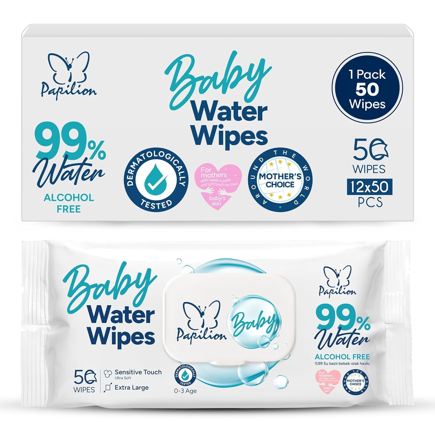 PAPILION 99% Water Baby Wipes, Extra Large Diaper Wipes for Sensitive Skin, Unscented & Fragrance-Free, Dermatologically Tested, Soft & Durable Fabric, Flip-Top Pack, Gentle Cleansing, 50 Count