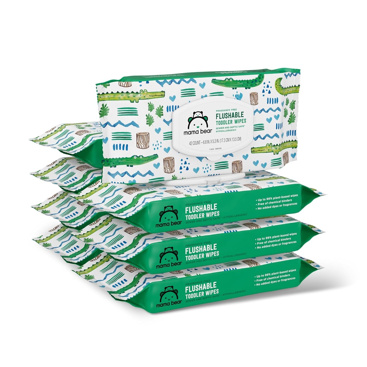 Amazon Brand – Mama Bear Flushable Toddler Toilet Wipes, Unscented, Formulated without Fragrance, Hypoallergenic, Plant-Based, Septic Safe, 336 Count, 8 Packs of 42