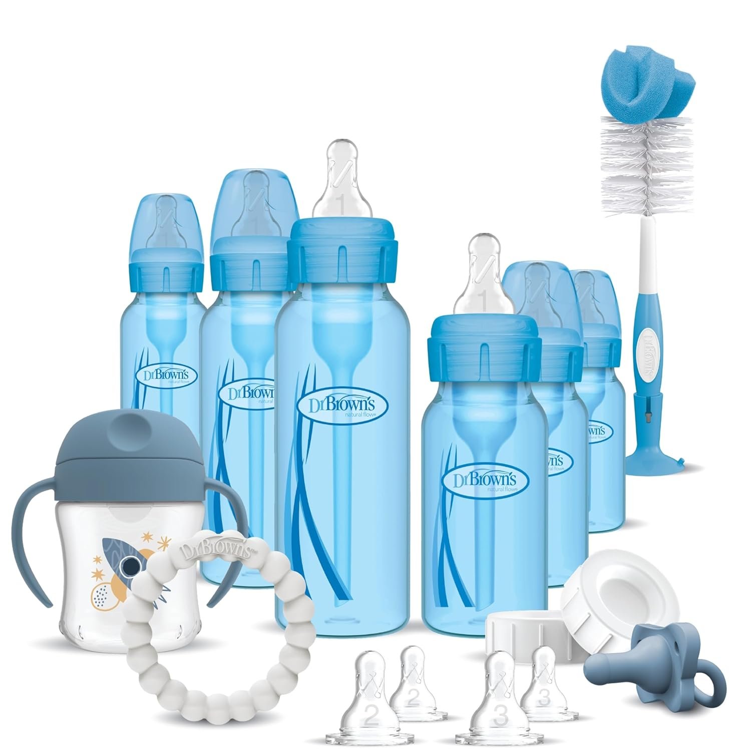 Dr. Brown’s Natural Flow Anti-Colic Options+ Special Edition Blue Baby Bottle Gift Set with Soft Sippy Spout Transition Cup, Flexees Teether, Bottle Cleaning Brush and Travel Caps