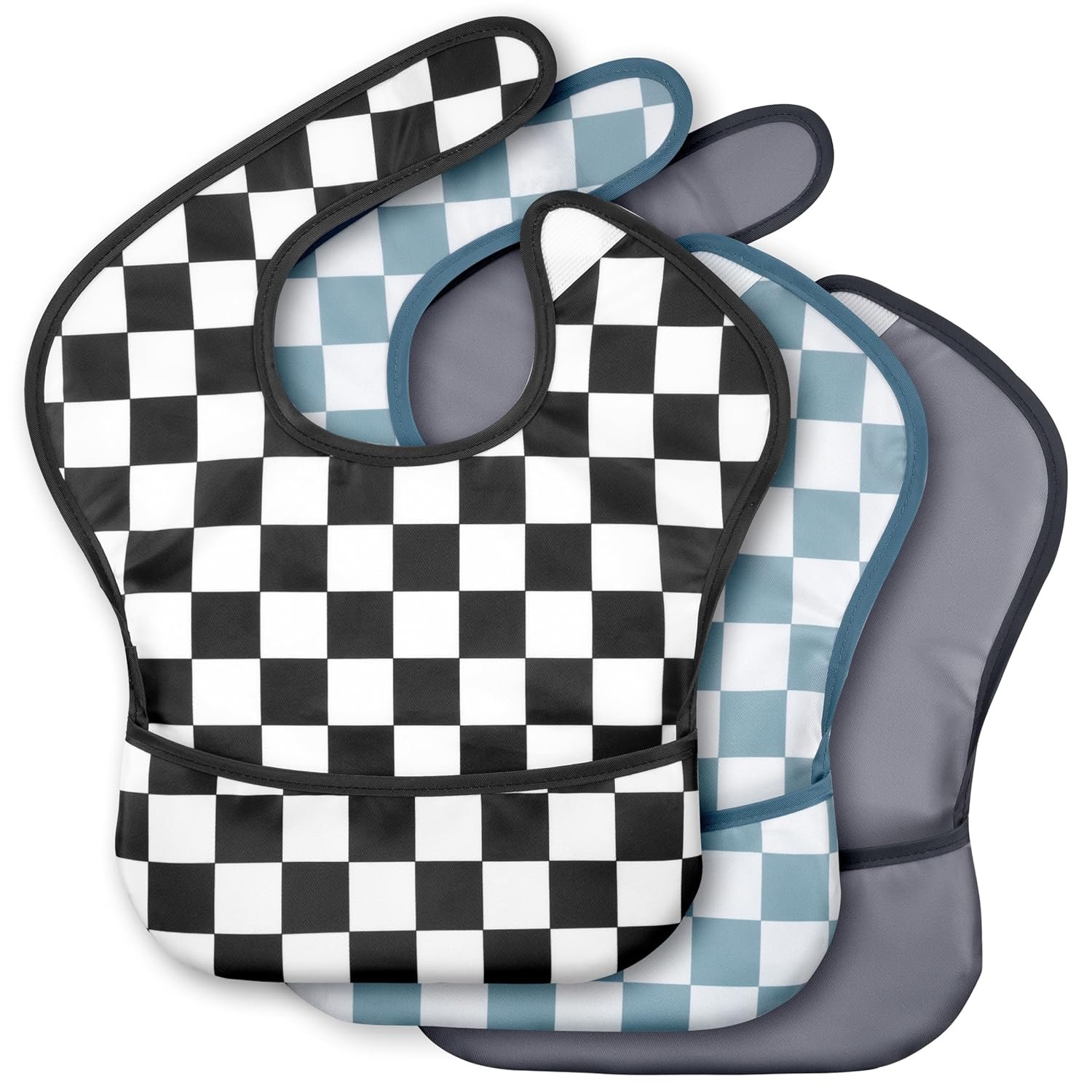 3-Pack Waterproof Baby Bibs for Eating – Mess Proof Lightweight Toddler Feeding Bibs with Large Food Catcher, Food-Grade Baby Eating Essentials, Easy to Put On & Clean(Black Cherkerd)