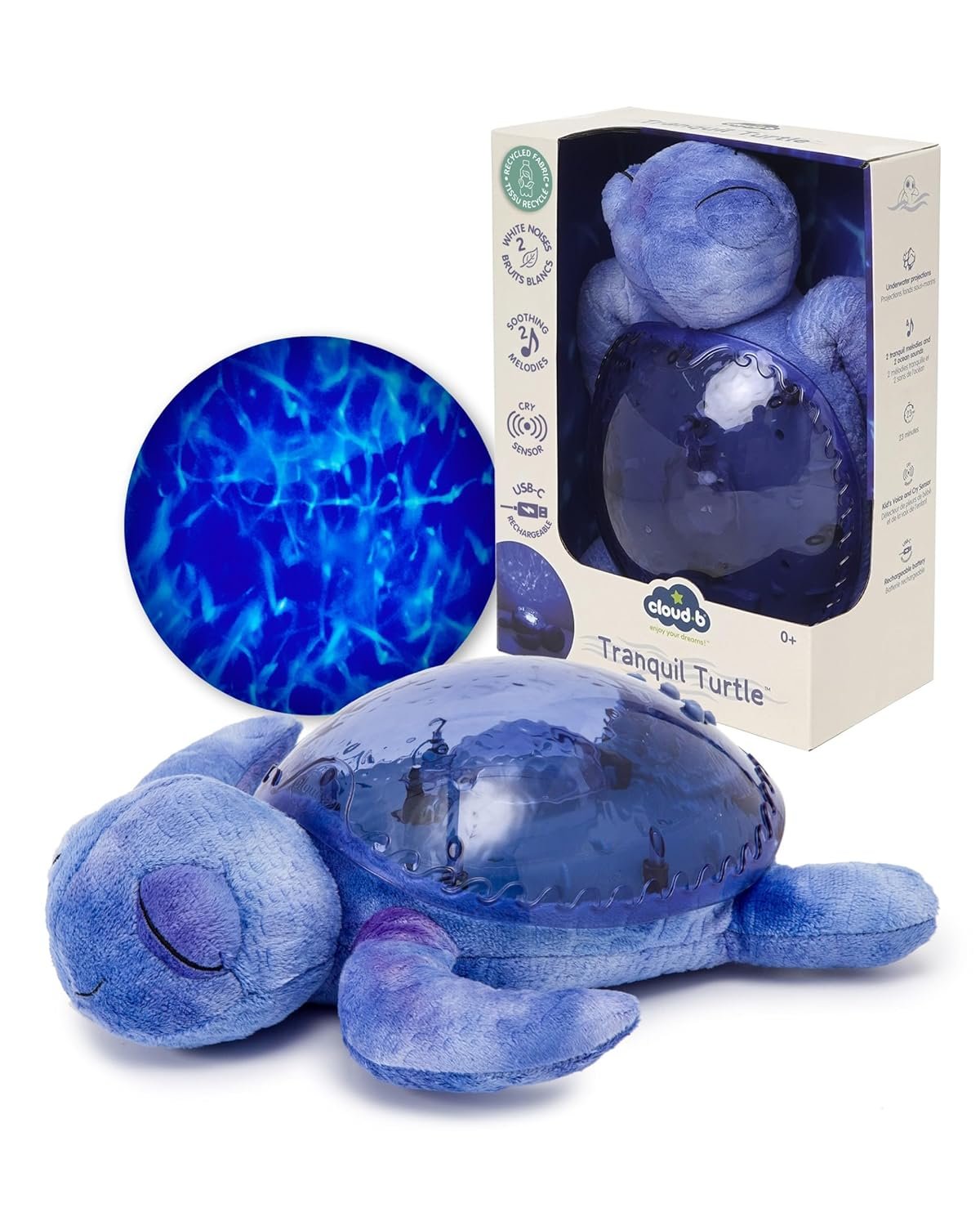 Cloud b Ocean Projector Nightlight with 2 White Noises & 2 Soothing Sounds | Adjustable Settings | Cry Sensor | Tranquil Turtle – Ocean (Rechargeable)