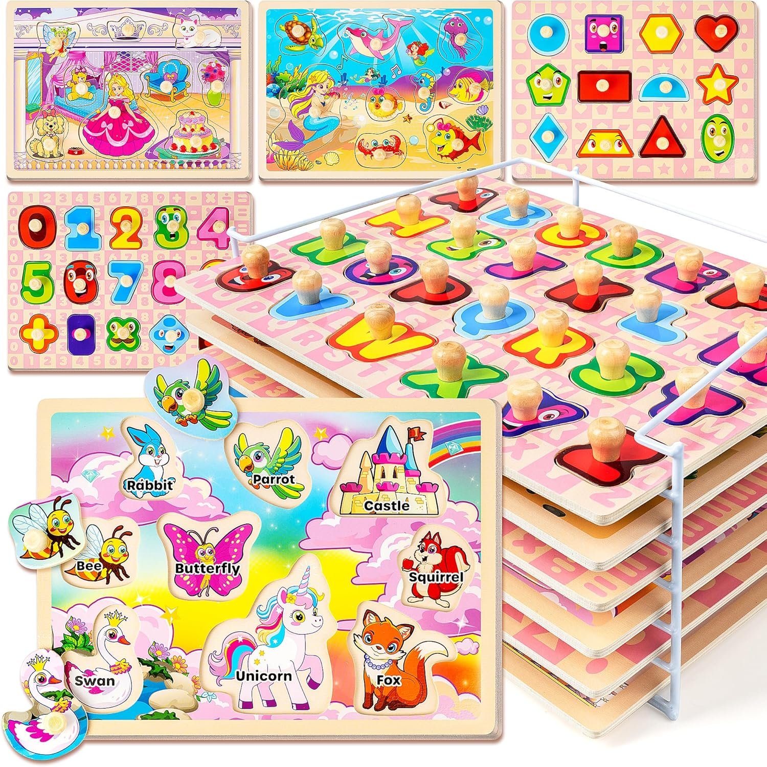 SYNARRY Wooden Puzzles for Toddlers 1-3, 6XSET Toddlers Puzzles Ages 1-3 with Rack, Learning Alphabet Number Shape Unicorn Princess Mermaid Animal, Gifts Toys for Girls Ages 2-4