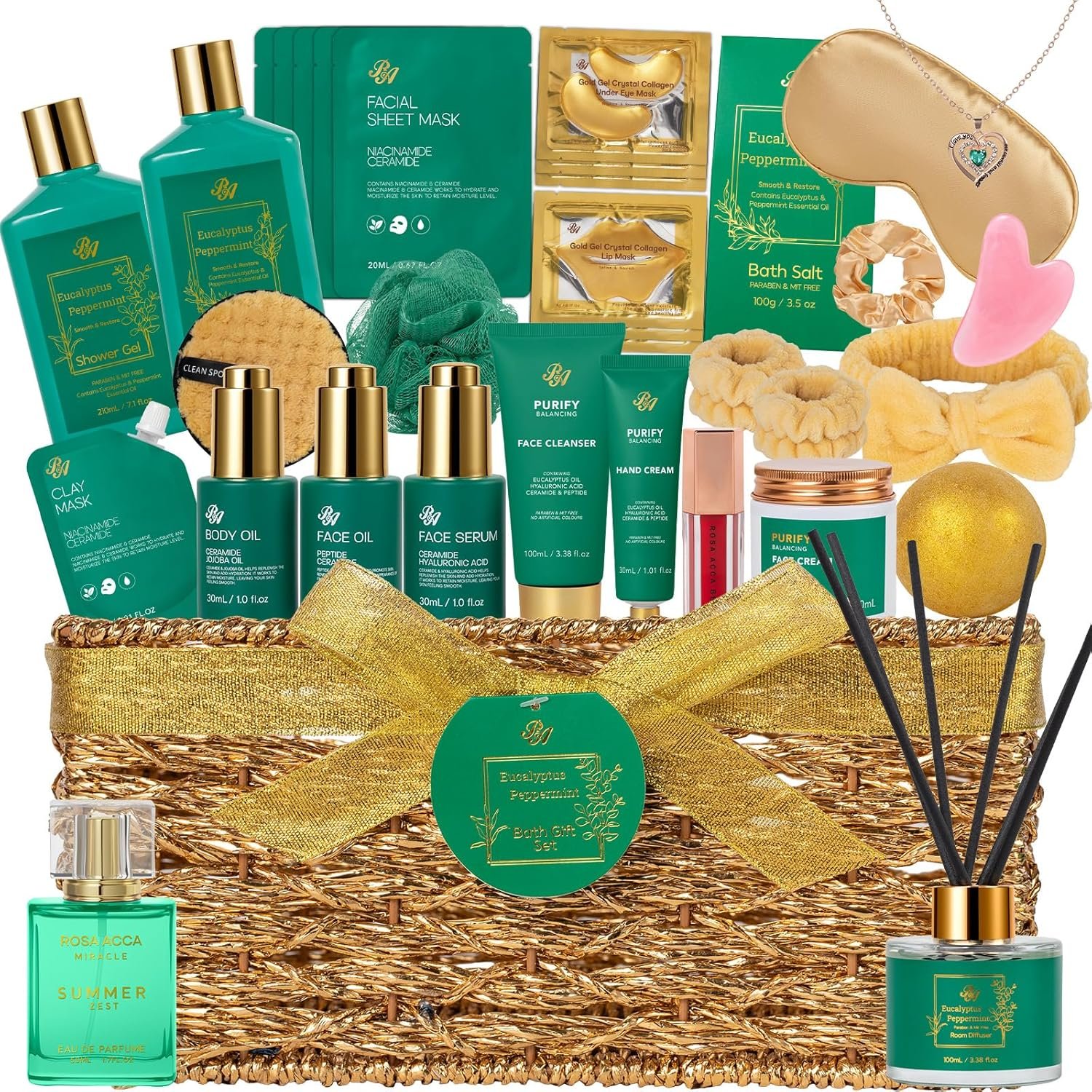 35 Pcs Mother’s Day Gift, Eucalyptus Bath & Body Gift Basket for Women, Self-Care Relaxation Basket Set, Face Skin Care Kit, Home Spa Gift, Face Oil, Birthday, Christmas, Anniversary