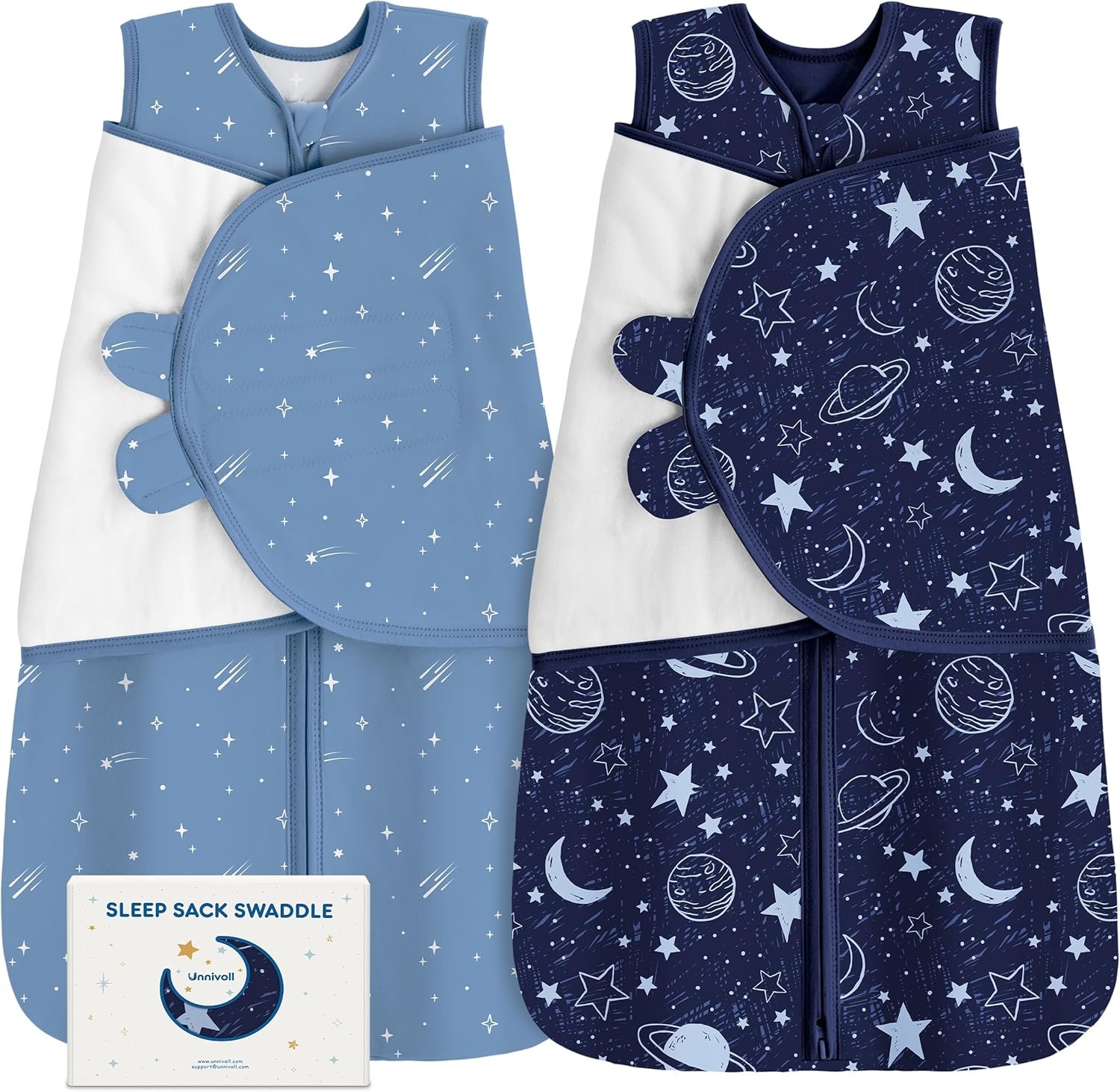 Unnivoll Newborn Sleep Sack Swaddle 100% Cotton Baby Swaddle 0-3 Months, 3-Way Adjustable Wearable Blanket, TOG 0.5, 2 Pack for Baby Boy Girl Dark Blue Planet